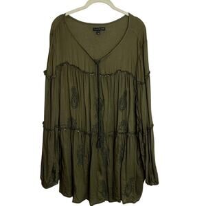 Lane Bryant Womens Tunic Top 26/28 Olive Green Embroidered Boho Peasant Rayon